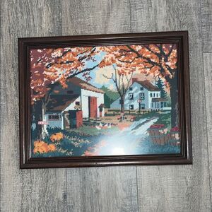 Autumn Landscape Needle Point  Art in Brown Frame 1988 Vintage